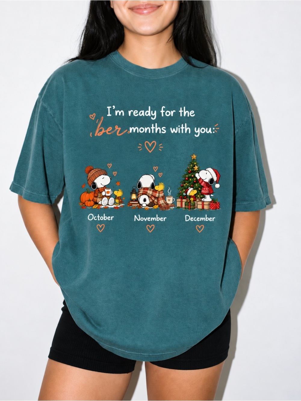 Snoopy Ber Months Fall Comfort Colors 1717 Graphic T-Shirt Teal NWT